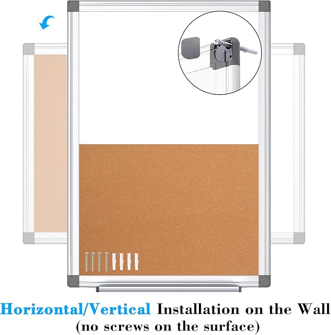 WALGLASS Combination Magnetic Whiteboard & Corkboard, 36"x24" Combo for School, Office & Home, Dry Erase Board with Removable Tray, Pins, Eraser, Markers & Magnets