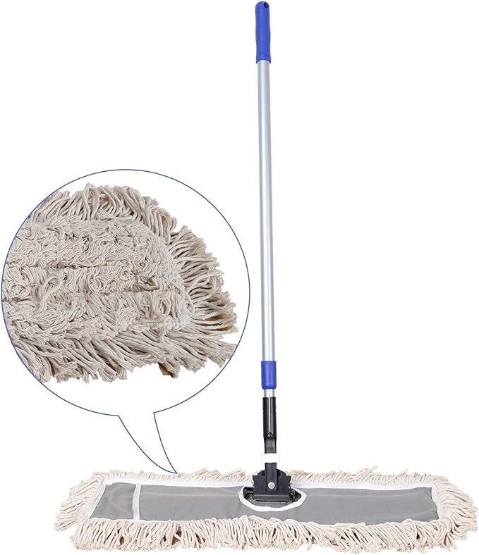 JINCLEAN 24" Industrial Cotton Floor Dust Mop with adjustable Steel Handle - Commercial Mops for Hardwood, Tiles, Laminate, Vinyl, Garage epoxy, Bamboo surface cleaning and Flooring Push Dust Broom