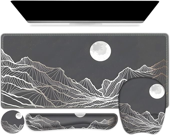 Large Mouse Pad, Keyboard Wrist Rest Set, Ergonomic Mouse Pad with Wrist Support, Desk Mat with Stitched Edges + Coaster, Extended Desk Pad Waterproof Desk Mat for Home Office Game I Moon and Valley