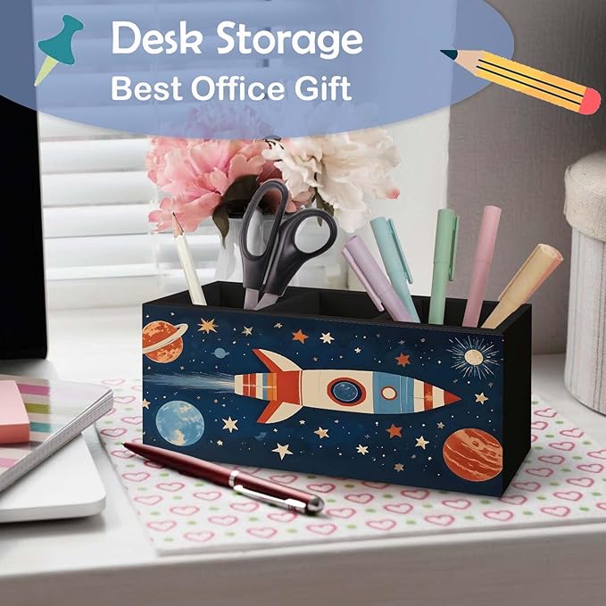 SNNDER Outer Space Pen Holder for Desk, Cosmic Rocket Planet Celestial Wooden Box Sign Desk Decor for Kids Room Home Classroom Decoration, Blue Galaxy Pencil Organizer, Space Decor for Boys Room