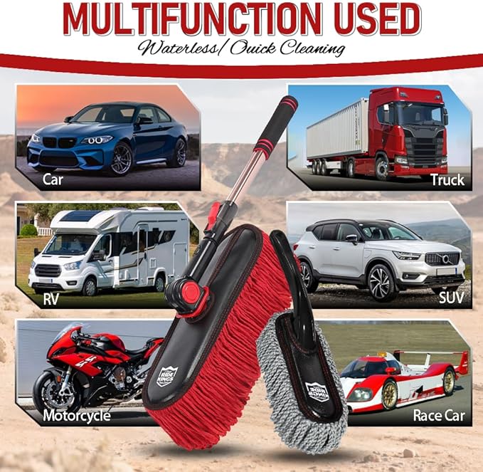 RIDE KINGS Car Duster with Telescopic Handle for Exterior Scratch-Free Cleaning, Auto Dust Remover Set with Small Brush for Dashboard & Interior Detailing