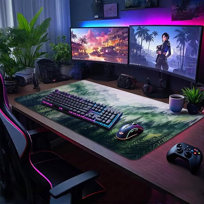 Misty Forest Mountain Large Gaming Mouse Pad 31.5"x15.7"｜XXL Desk Mat, Non-Slip Rubber Base & Stitched Edges - Extended Waterproof Mousepad for PC/Laptop/Office/Home Decor