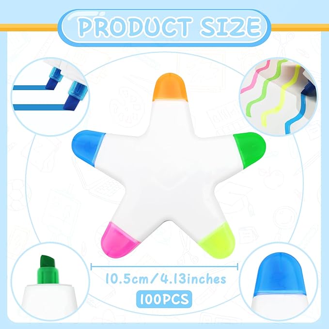 100 PCS Star Highlighters Bulk 5-in-1 Colorful Watercolor Highlighter Pens Assorted Colors Creative Star Shape Fluorescent Pens for School Office Travel Aesthetic Stationery Supplies