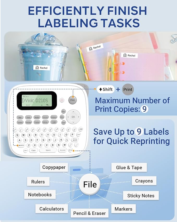 Vixic Label Maker Machine with-Tape, D210S Label Maker with Keyboard, Labeler Includes USB-C Cable Stay Powered, Portable Label Machine Waterproof-Labels Different Fonts for Home Office Organization