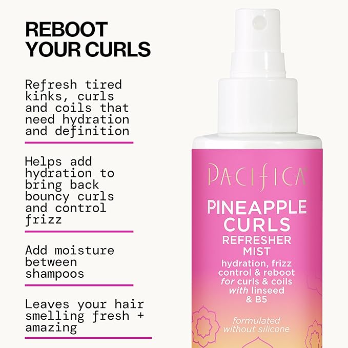 Pacifica Pineapple Curls Refresher Mist - Curl Refresher Spray, with Hyaluronic Acid, Vitamin B5 and Plant Oils, Vegan and Dermatologist Tested Curly Hair Products and Wavy Hair Products - 4 Fl Oz