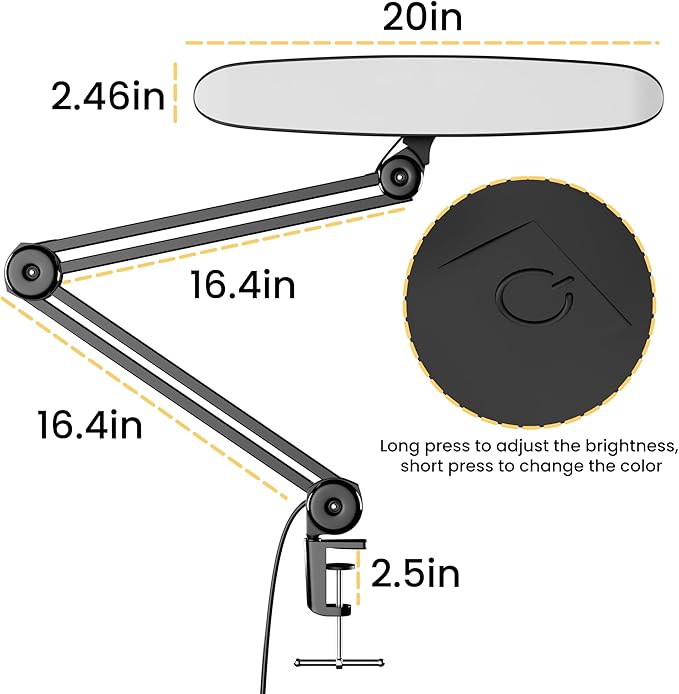 3000 Lumens Adjustable LED Desk Lamp & Task Lamp - Bright, Dimmable Lighting for Office, Crafts, Nails &Salon Hobbies with Clamp (CCT, Black)