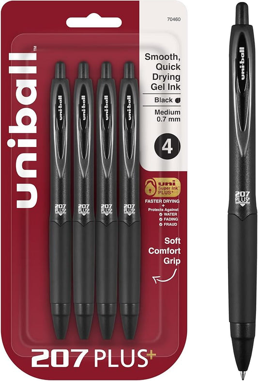 uniball 207 Plus+ Retractable Gel Pens, Medium Point, 0.7mm, Black Ink, 4/Pack (70460)