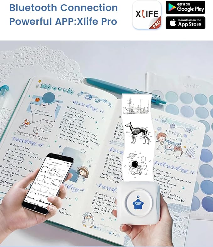 vretti Sticker Printer - TP2-Y Mini Portable Thermal Printer with 10 Rolls Thermal Paper, Inkless Sticker Maker Machine Bluetooth Mini Pocket Printer for iPhone, Study Graphics, Photos, Students