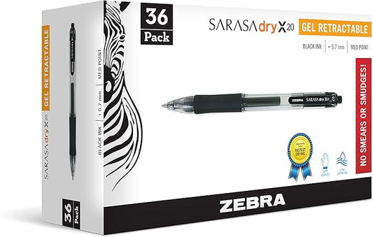 Zebra Pen Sarasa Dry X20 Retractable Gel Pens, 0.7mm Medium Point, Black Ink with Rapid Dry Ink Technology, Ideal for Office Supplies and School Supplies, 36-Pack (46136)