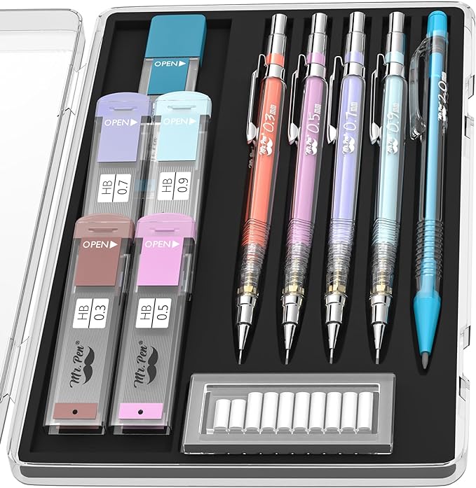 Mr. Pen- Pastel Mechanical Pencil Set with Black Lead and Eraser Refills, Clear Barrel, 0.3, 0.5, 0.7, 0.9, 2mm, Pastel Mechanical Pencils, Cute Mechanical Pencil Set, Aesthetic Mechanical Pencils