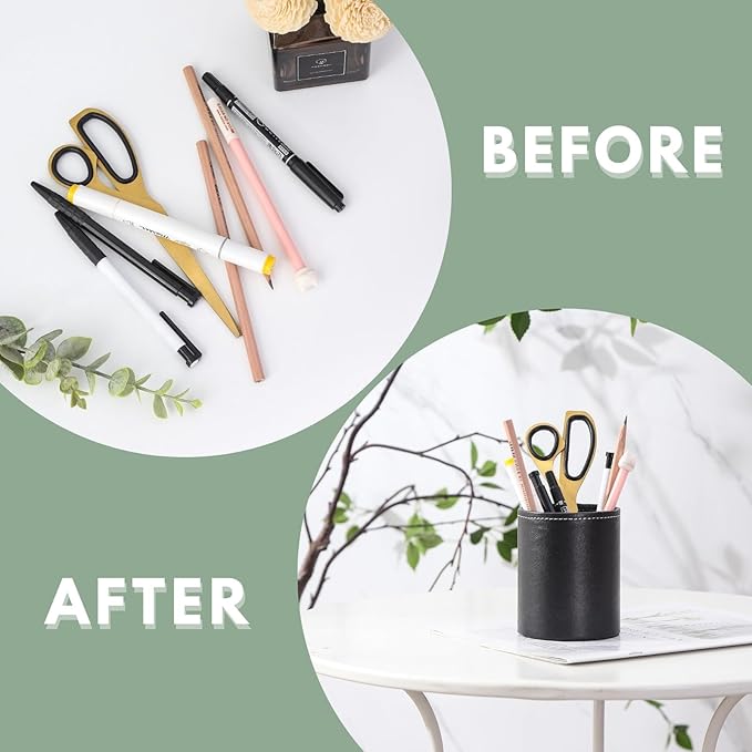 Pen Holder for Desk, PU Leather Pencil Holders for Cosmetics Office Supplies, Desk Organizer Black PH107