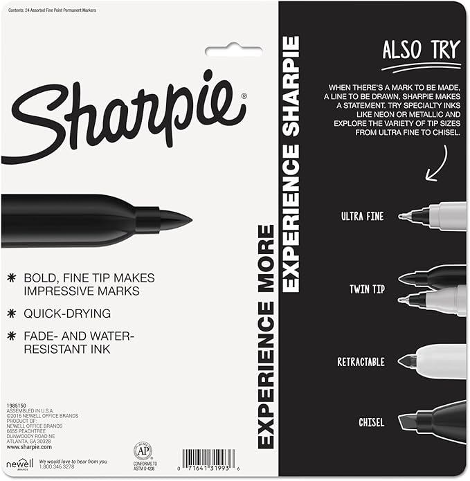 Sharpie Electro Pop Permanent Markers, Fine Tip, Marker Set, Assorted Colors, 24 Count - Coloring, Drawing, Art, Markers, Writing