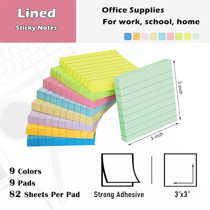 9 Pack Lined Sticky Notes 3x3 in Post Sticky Notes with Lines, 9 Multi Colors Ruled Colorful Super Sticking Power Memon Pads, 82 Sheets/Pad