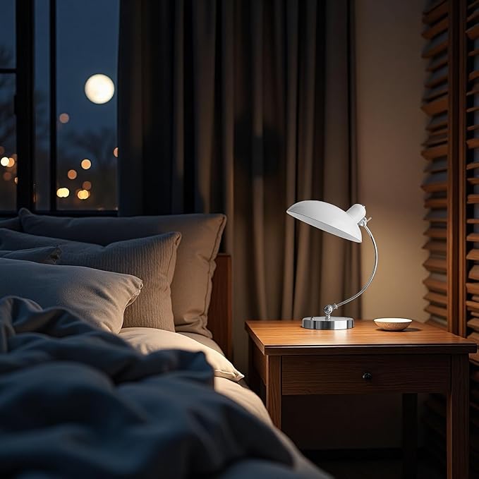 Industrial Vintage Metal Desk Lamp - Glossy Electroplated, Adjustable Arm & Shade, Button Switch - Perfect for Bedroom Nightstand/Office Study/Reading - Retro Table Lamp(White)