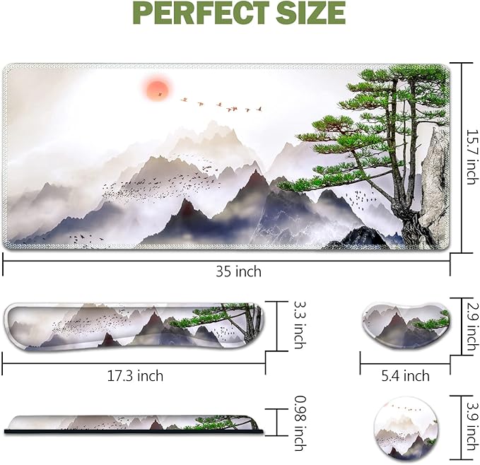 AIMSA Large Gaming Mouse Pad Set, Keyboard Wrist Rest Support + Extended Mouse Pad + Mouse Wrist Cushion + Coaster, Ergonomic Memory Foam Desk Mat 35x15.7in Anti-Slip Base (Pine Tree Mountains)