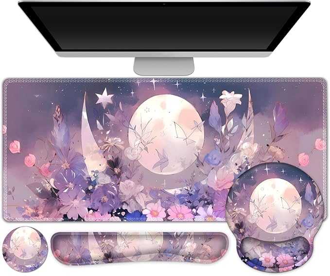 Large Desk Mat, Gaming Mouse Pad, Desk Pad Protector, XXL Mousepad + Keyboard Wrist Rest+Mouse Wrist Rest+Coaster Set with Ergonomic Desk Pad for Home Office PC Computer, Pastel Purple Flower Moon
