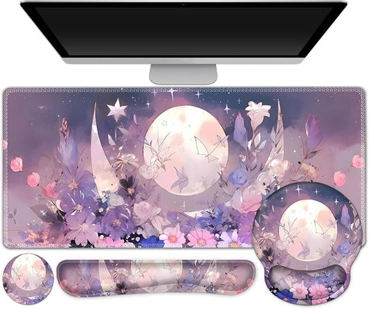 Large Desk Mat, Gaming Mouse Pad, Desk Pad Protector, XXL Mousepad + Keyboard Wrist Rest+Mouse Wrist Rest+Coaster Set with Ergonomic Desk Pad for Home Office PC Computer, Pastel Purple Flower Moon