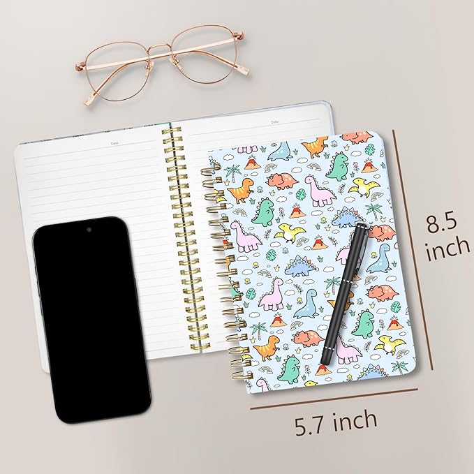 Cute Spiral Notebook journal A5 Aesthetic Pretty Floral Design for Women Girls Kawaii with Pocket, 8.5 x 5.7 inch, Blue Dinosaur