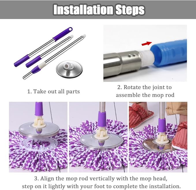Spin Mop Replacement Mop Handle, 49-inch 360 Degrees Rotating Telescopic Replacement Mop Stick with Stainless Steel Disc for Spin Mop Bucket Cleaning System (Stainless Steel Disc, Green)