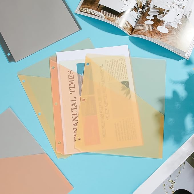 Maitys 50 Pack Binder Pockets 3 Hole Punch Clear Plastic Document Folders Binder Organizer Store Letter Size 8.5x11 Inch Paper Folders with Pockets Slash File Jacket for Office (Vintage Color)