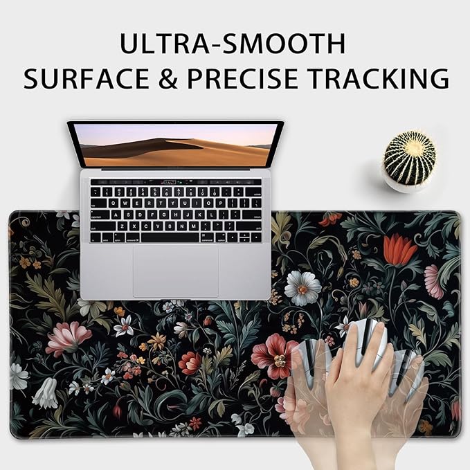 Dark Floral Pattern Large Gaming Mouse Pad 31.5"x15.7"｜XXL Desk Mat, Non-Slip Rubber Base & Stitched Edges - Extended Waterproof Mousepad for PC/Laptop/Office/Home Decor