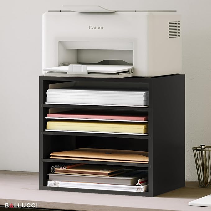 Ballucci 4-Tier Paper Organizer for Desk, Stackable Tray, Desk Storage Organizer Shelves, Stacking Letter Paper Tray Sorter for Classroom Office, Black