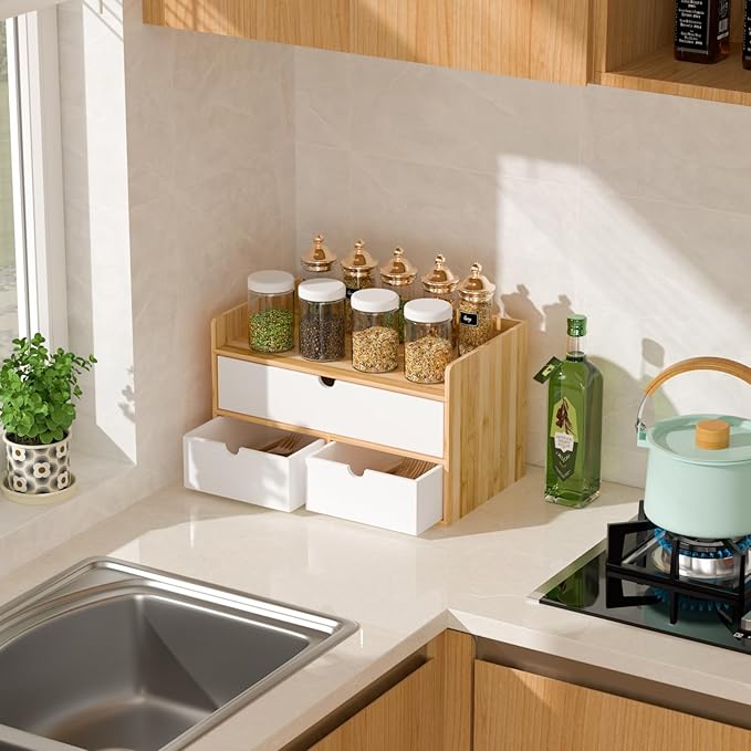 Wisuce Desk Organizer with Drawers - Bamboo Desktop Organizer Storage | Natural-White Wood Desk Drawers Organizer for Bills, Office Supplies, Cosmetics, Seals No Assembly Required