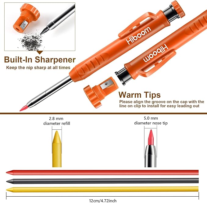 Hiboom 2 Pack Solid Carpenter Pencils with Pencil Cap and 18 Refills, Long Nose Deep Hole Mechanical Pencil Marker, Scribe Tool with Built-in Sharpener for Construction Woodworking Architect (Orange)
