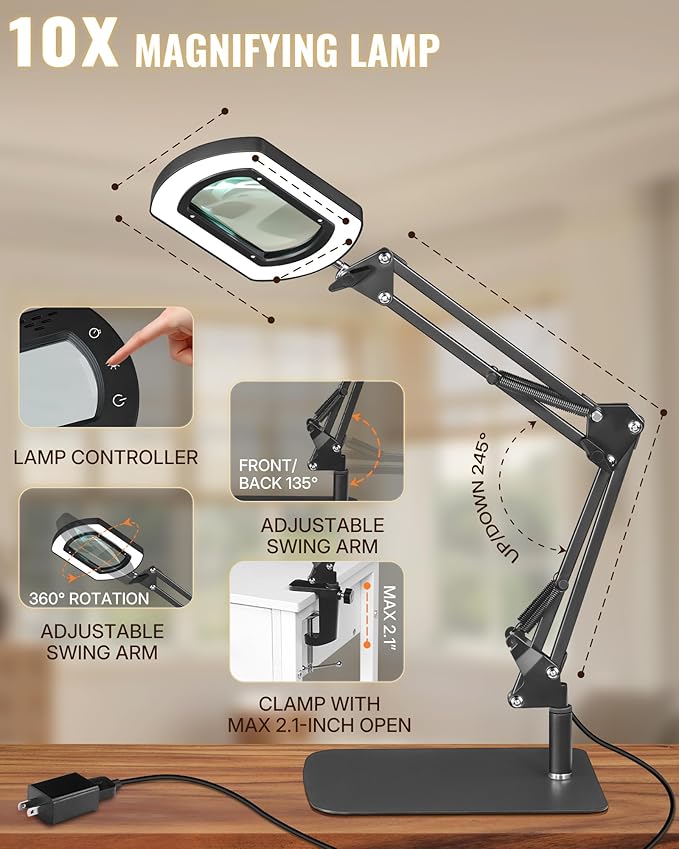 10X Square Magnifying Glass with Light and Stand, 2-in-1 LED Lighted Desk Lamp & Clamp, 5 Color Modes Stepless Dimmable, Hands-Free Magnifier Desk Lamp for Reading Craft Close Work B01DL05