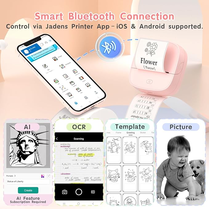 JD-23 Sticker Printer, Mini Portable Thermal Printer Print Pod, Inkless Bluetooth Label Maker Machine for DIY Crafts, Journaling, Office & Home Use, 2 Rolls Sticker Paper, Pink