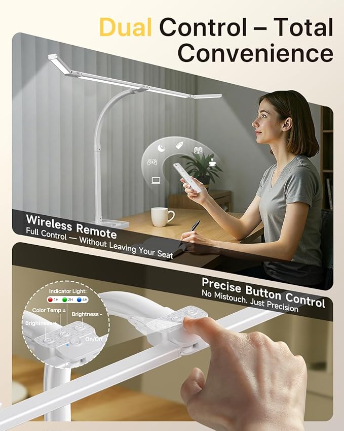ONEMIX 42" LED Desk Lamp for Home Office, Eye-Caring Desk Light with Adjustable 4-Segment Bar, 1800LM Bright, Remote, Architect Table Lamp with Base for Dual Monitors, Reading, Study, Workbench(White)