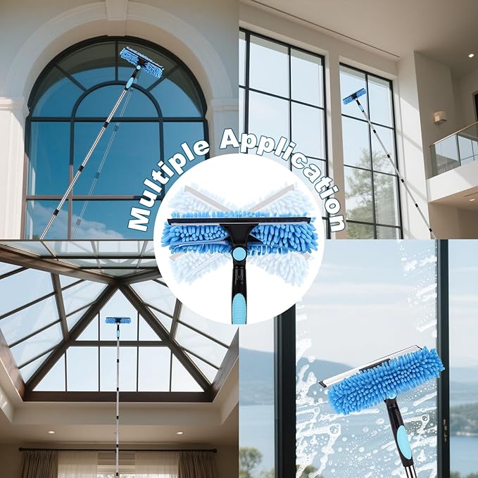 Window Squeegee Cleaner Tool with Extension Pole: 2-in-1 Window Cleaning Kit - 86.6 Inch Telescopic Long Window Cleaning Tool for High Windows Car Glass - with 2 Microfiber Cloth & Squeegee Blade