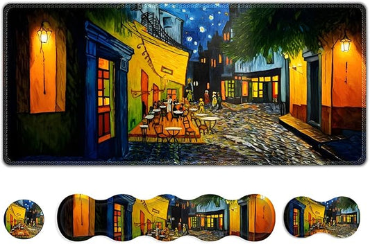 Desk Mat Gaming Mouse Pad, Cute Desk Matt Keyboard Wrist Rest for Desktop, Anti-Slip Mousepad w/Stitched Edges, XXL Large Mouse Pad with Wrist Support for Desk Computer I Terrace of The Cafe