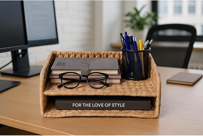 PINXIURY 2-Tier Water Hyacinth Letter Tray – Woven Paper & Mail Organizer for A4 Files, Magazines, Office Documents Desktop File Basket for Home Office Supplies