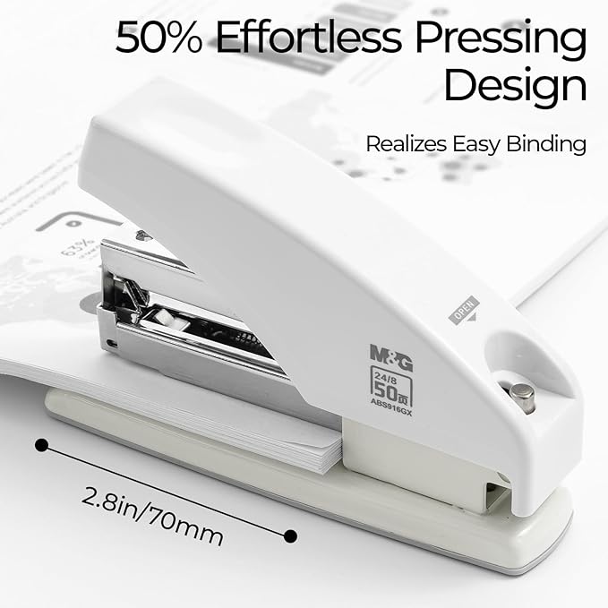 M&G Effortless Stapler for Desk, 50 Sheet Capacity, Heavy Duty Desktop Stapler with 1000 Staples & Staple Remover, One Finger Touch, Good for Office Home School, White