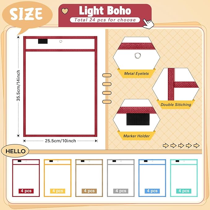 24 Pack Dry Erase Pocket Reusable Sleeves 10" x 14" Clear Plastic Sheet Protectors with Dry Erase Markers and Mini Sleeves Paper Teacher Supplies (Light Boho)