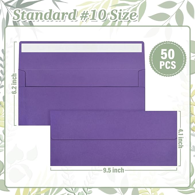50 Pcs Purple #10 Business Envelopes, Self Seal Standard Envelopes, Windowless Business Mailing Envelopes for Office, Checks, Letters, Invoices, Statements, Wedding, 4-1/8 x 9-1/2 inch