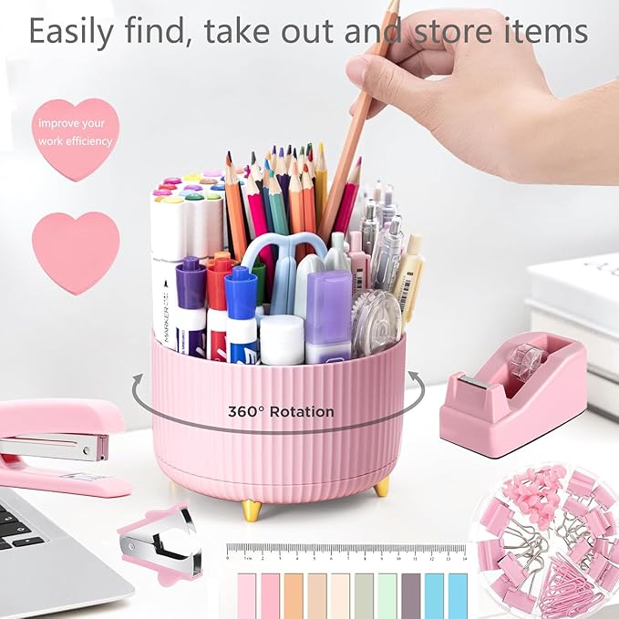 Office Supplies,Desk Accessories,with Stapler,Tape Dispenser,Staple Remover,Scissor,Ballpoint Pen,Sticky Notes,Clear Tape,Staples,Desk Organizer,Phone Stand,Binder,Index Tabs,Best gift set(Pink)