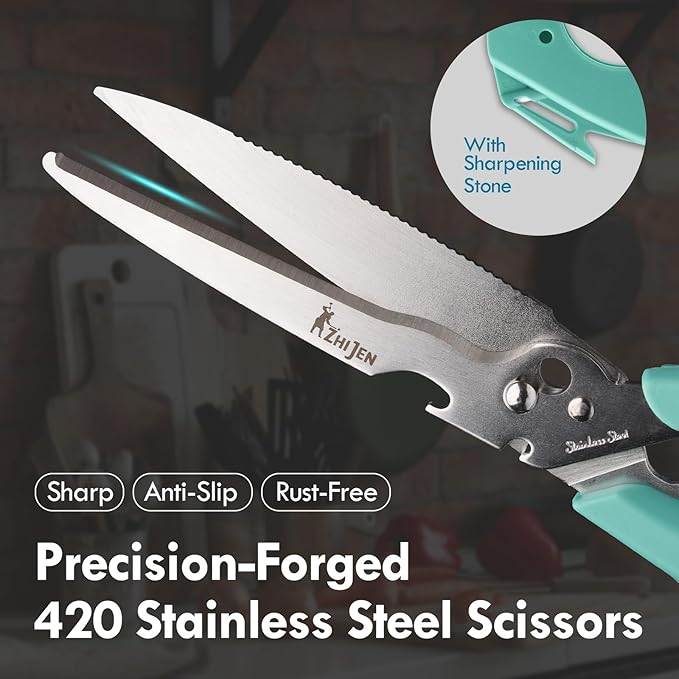 All Purpose Kitchen Scissors for Food and Heavy-Duty, Stainless Steel Cooking Shears for Chicken, Poultry, Meat, Herbs, Fish, Bones, Multi-Purpose Cooking Accessories with Cap and Sharpener