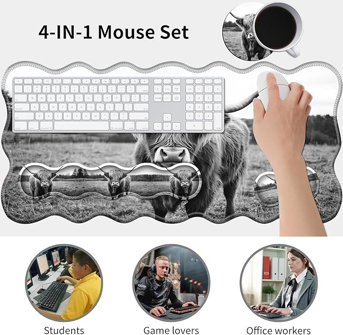 Office Mouse Pad Set with Wrist Support, Large 31.5"x11.8" Desk Mat, Ergonomic Memory Foam Keyboard Wrist Rest, Non-Slip Durable Mouse Pad for Work & Home, Highland Cow
