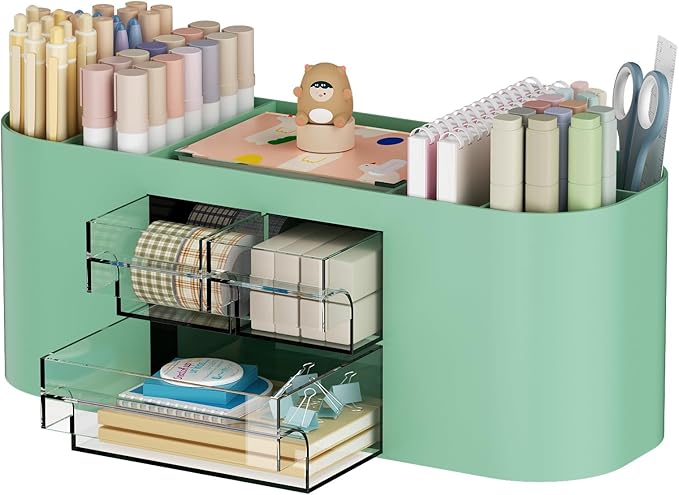 Marbrasse Desk Organizer Pen Holder for Desk with 3 Drawers, Multi-Functional Pencil Holder, Desk Organizers and Accessories with 7 Compartments for Home, School, Classroom(Green)