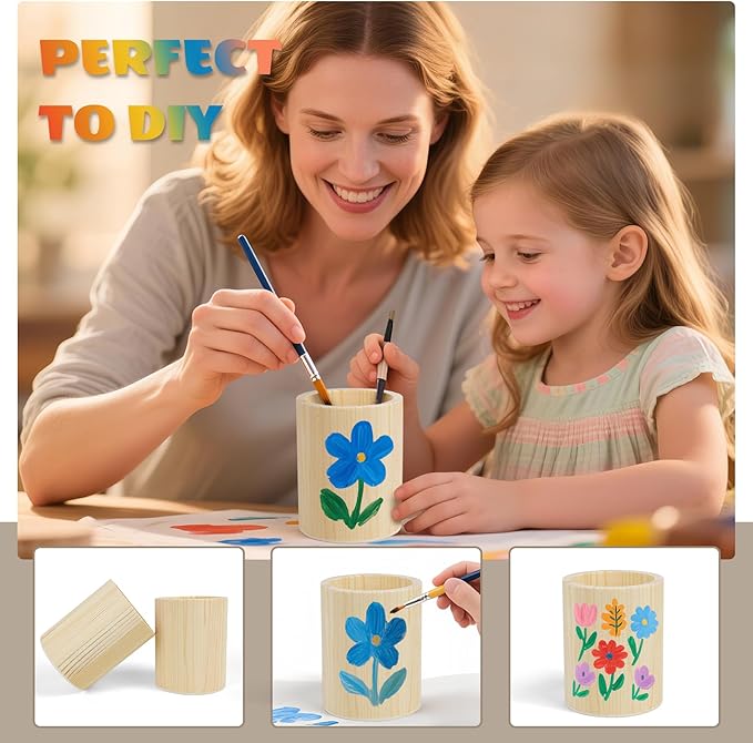 6 Pack Wood Pen Holder Unfinished Wooden Pencil Holder Pine Wood Pen Holder Stand for Desk Office Supplies Makeup Brushes Organizer (Round)