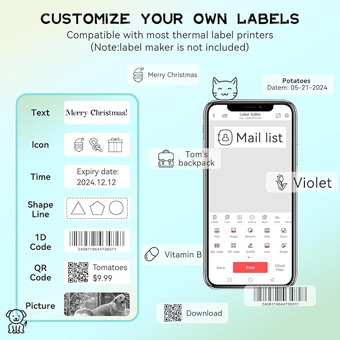 EEBBL D30 P21 Label Maker Tape Refill 12mm×40mm(0.47"x1.57"), Non-encrypted Repalcement Labels, Compatible with Portable Label Thermal Paper Self-Adhesive Printer, 165 Lables/Roll, 10 Rolls Clear