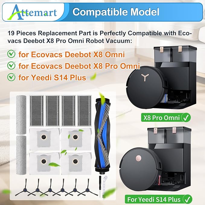 Attemart Replacement Parts for Ecovacs Deebot X8 Pro Omni, X8 Omni Robot Accessories for Yeedi S14 Plus Vacuum Kit, 1 Main Brush, 2 Roller Mop Pad, 4 Filters, 4 Dust Bags, 6 Side Brushes, 19 Pack