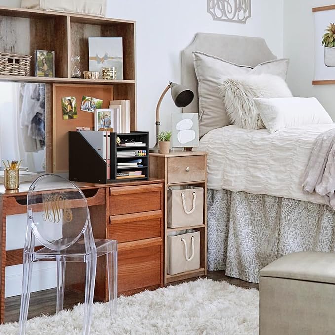 Wood Paper Tray Organizer for Desk - 5 Tier Desk Top File Storage Office Workspace Desktop Organization Stationary Small Wooden Shelf, Black