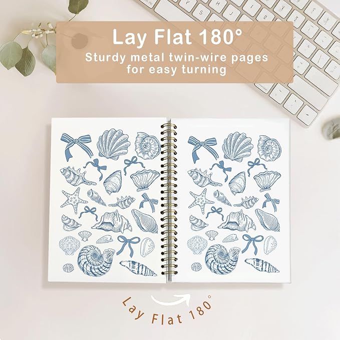 Blue Bow Cute Beachy Notebook for Girls Women, Beach School Supplies, Blue Coquette Beach Seashell Spiral Notepad A5, Ocean Vibes Writing Journal for Teens 5.5x8.3