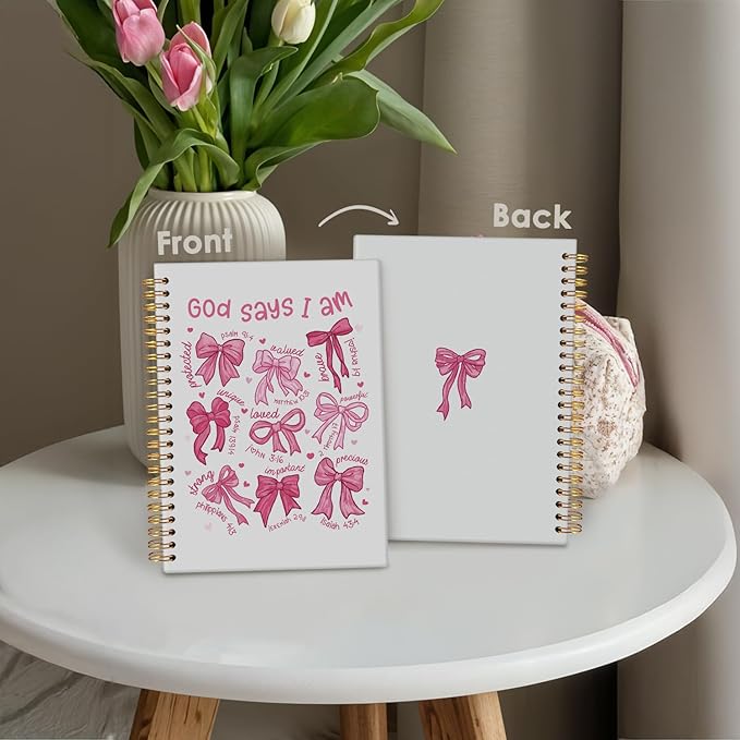 Coquette Pink Bow Notebook Journals, God Says I am Christian Notebook Journal for Women, Bible Notebooks for Note Taking，Coquette Office Supplies Hardcover Spiral Notebook 5.5x8.3
