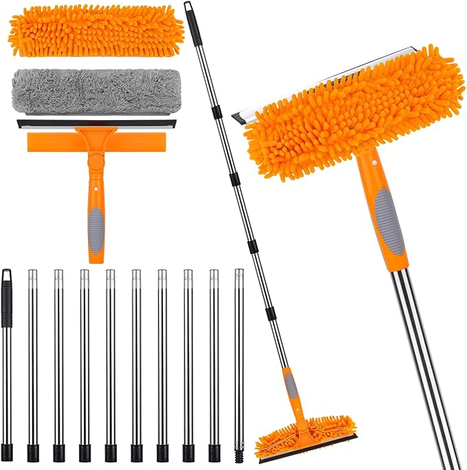 Window Squeegee Cleaner Tool with Extension Pole: 2-in-1 Window Cleaning Kit - 86.6 Inch Telescopic Long Window Cleaning Tool for High Windows Glass with 2 Microfiber Cloth & Squeegee Blade