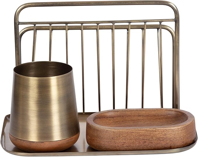 Kate and Laurel Koni Modern Three-Piece Home Office Organization Set, 13 x 8 x 9, Walnut Brown and Antique Brass, Wood and Metal Organizational Set for Office with File Folder Holder