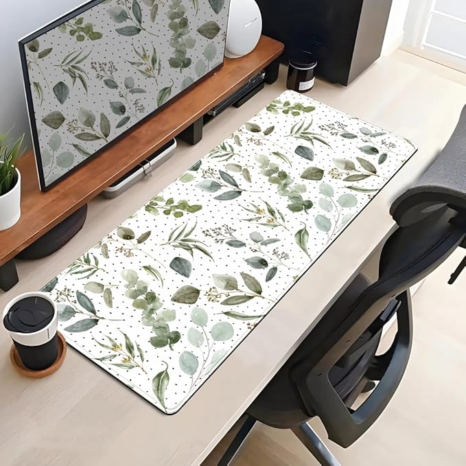 Green Mouse Pad Boho Desk Mat,Speckled Textured Greens Cool Aesthetical Mouse Pad Desk Accessories for Women Office Decor Mousepad Keyboard Pad, Non-Slip Rubber Base with Stitched Edges 31.5x11.8In